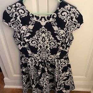 Navy and White Patterned Fit&Flare Dress